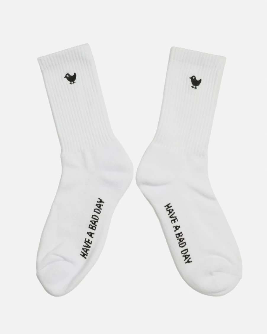Bad Birdie Have A Bad Day Crew Socks - White/Black Humorous Novelty Socks for Men & Women