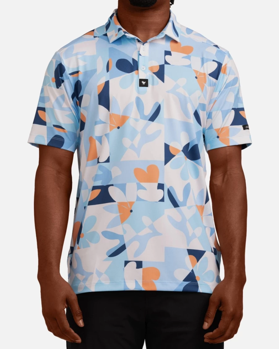 Bad Birdie Men's Flower Clouds Golf Polo Shirt - Stylish & Comfortable Performance Apparel