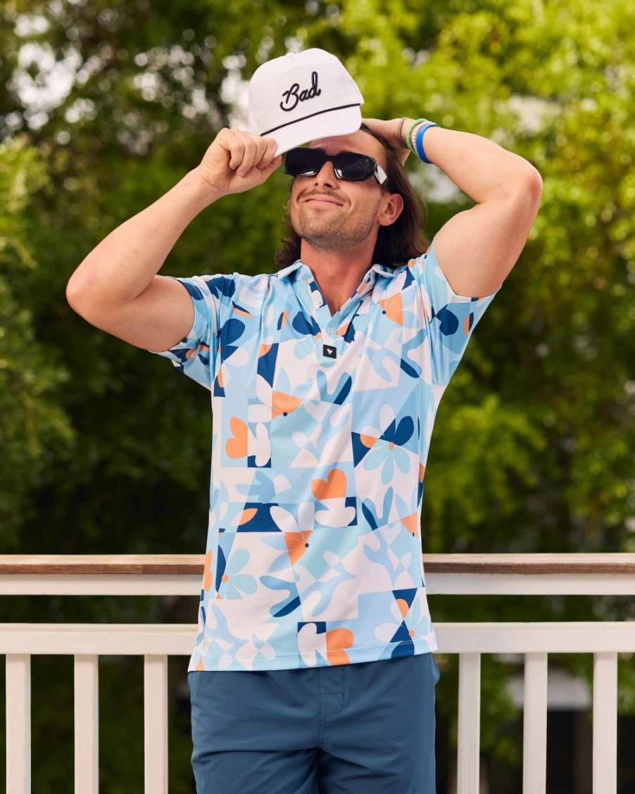 Bad Birdie Men's Flower Clouds Golf Polo Shirt - Stylish & Comfortable Performance Apparel