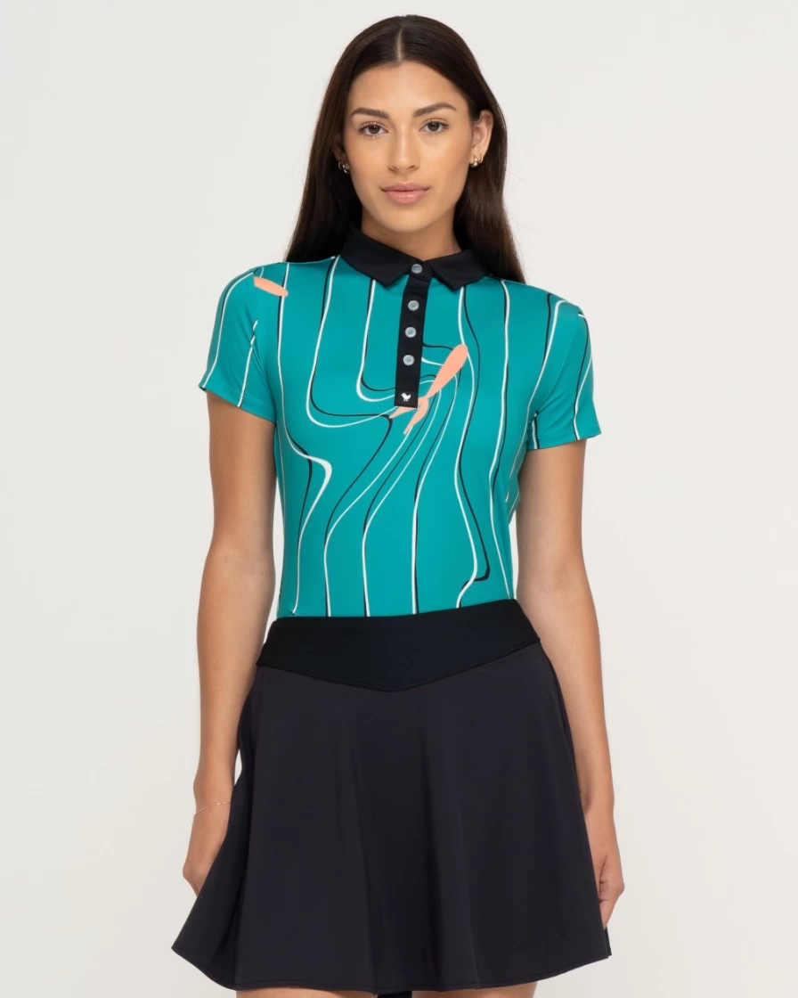 Women's Contrast Collar Polo Shirt by Bad Birdie - Koi Joy Turquoise Golf Apparel
