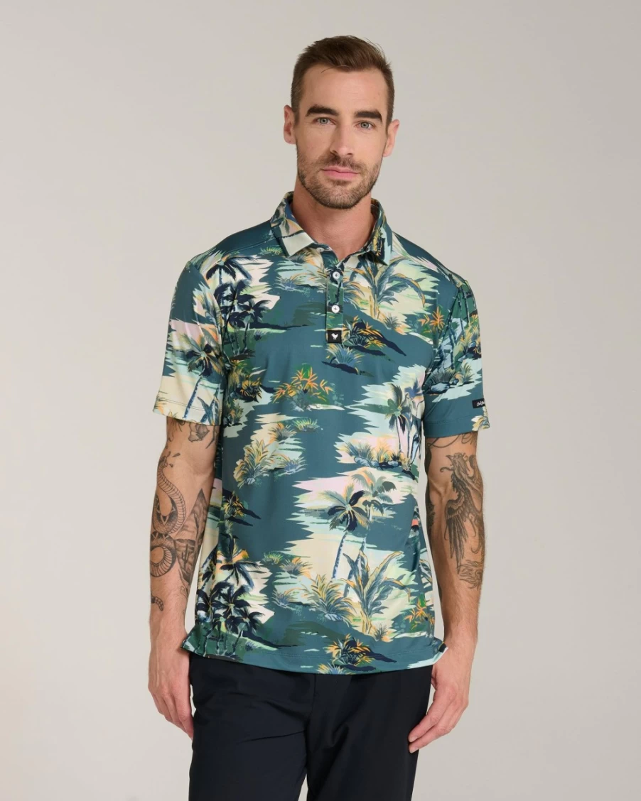 Bad Birdie Men's Tropic Thunder Golf Polo Shirt - Tropical Print Performance Apparel