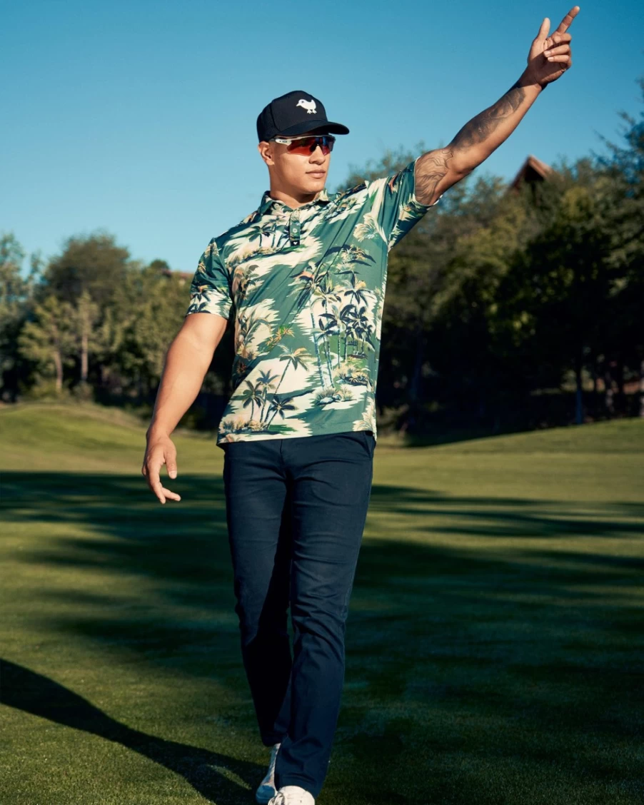 Bad Birdie Men's Tropic Thunder Golf Polo Shirt - Tropical Print Performance Apparel