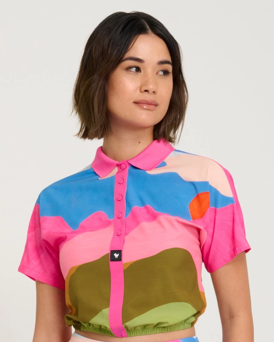 "Bad Birdie Women's Cotton Candy Skies Range Crop Polo Shirt"
