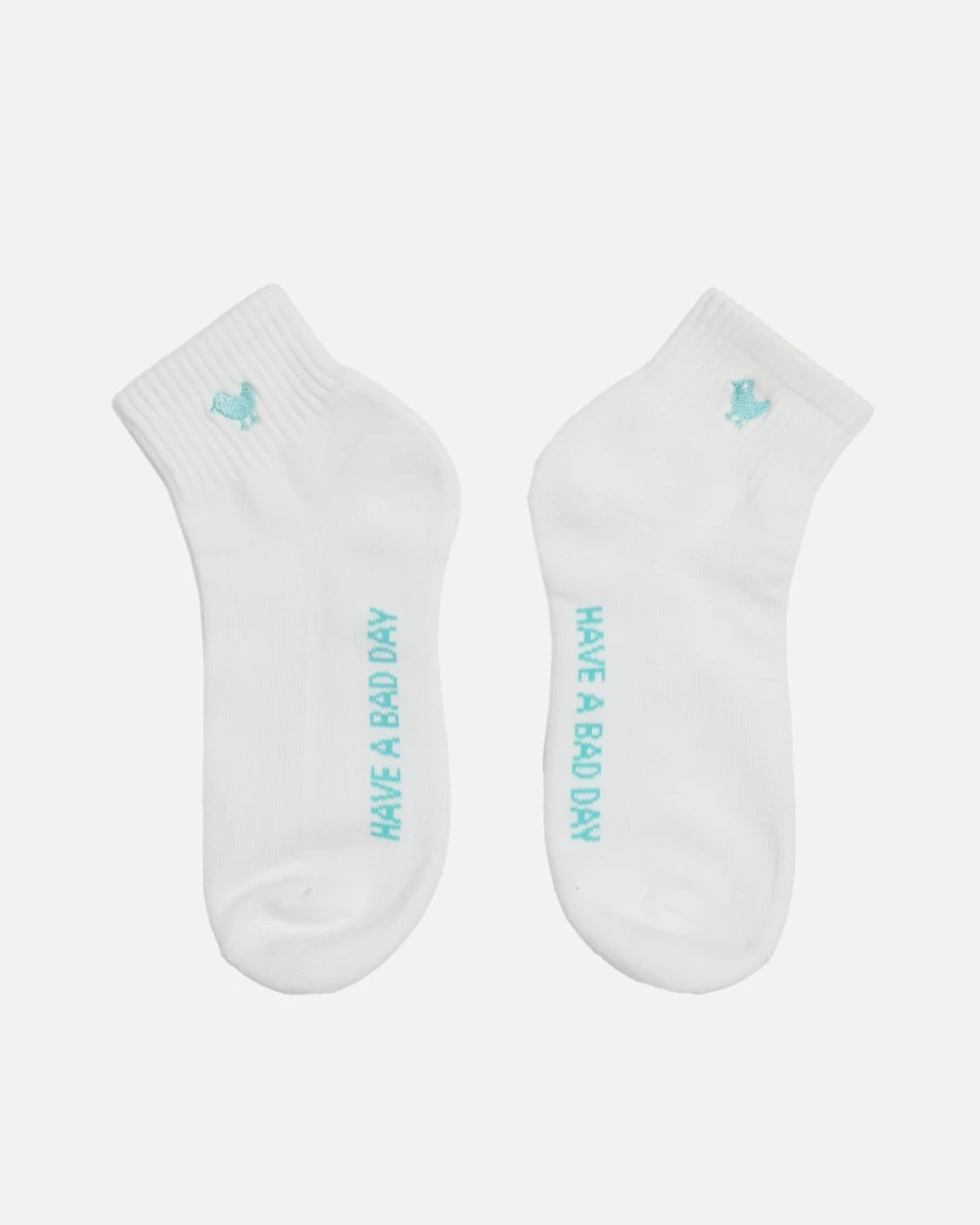 Bad Birdie Have A Bad Day Mid Crew Socks - White & Aruba Blue Comfortable Casual Sneaker Socks